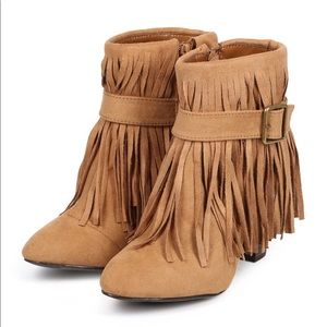 Qupid Madge Suede Almond Toe Fringe Ankle Bootie